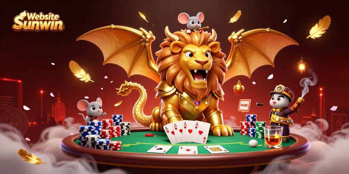 Engage in thrilling poker battles with Website Sunwin's dynamic 3D casino illustration featuring epic characters and game elements.