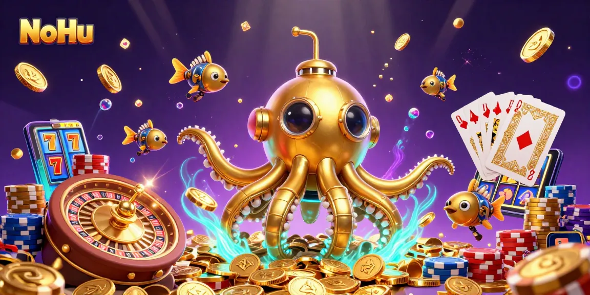 Experience winning with NoHu as the golden kraken submarine surfaces among cascading coins and gems.