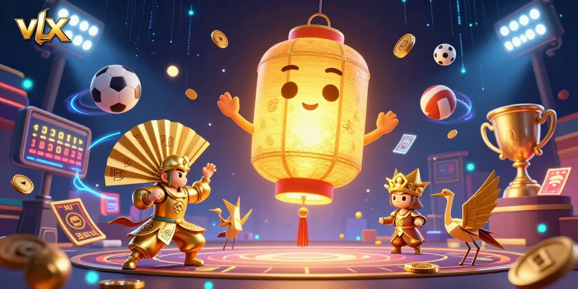 Experience vlxx excitement with a vibrant 3D casino-spirited lantern floating above a market.