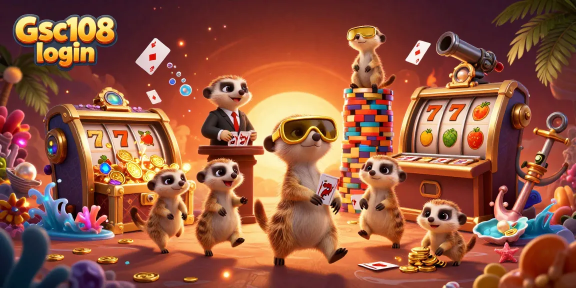 Engage with Gsc108 login while enjoying 3D animated meerkats in a vibrant casino scene filled with slots and treasures.
