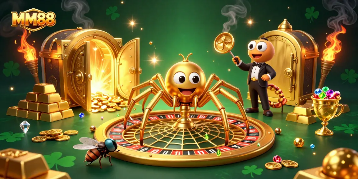 Experience thrilling bets at MM88 in a vibrant 3D casino scene featuring a spider and centipede.