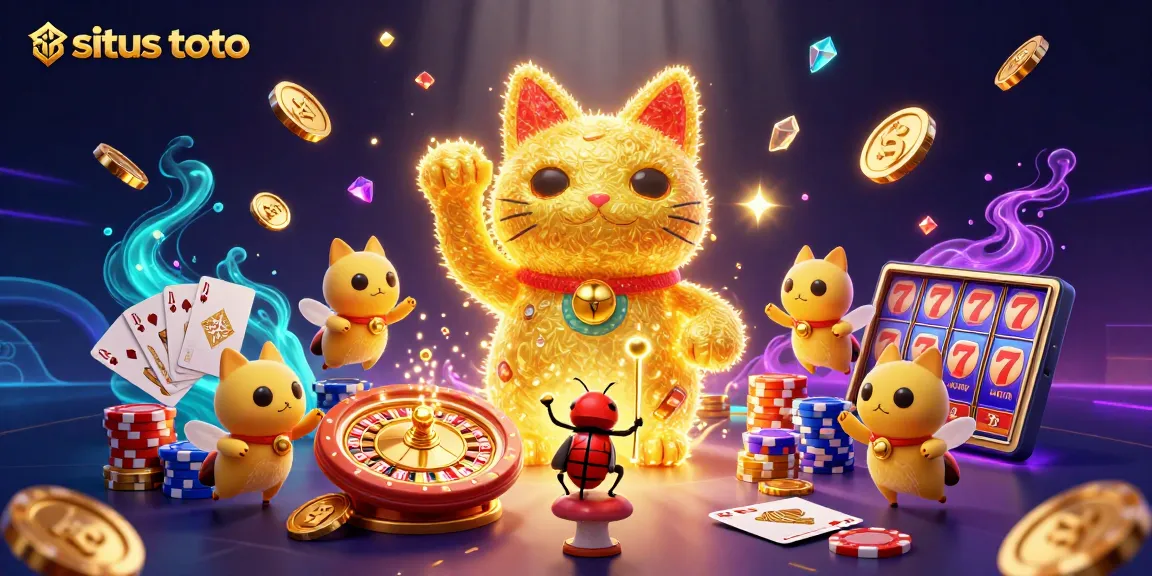 Experience situs toto as vibrant fireflies form a lucky cat amidst casino symbols.