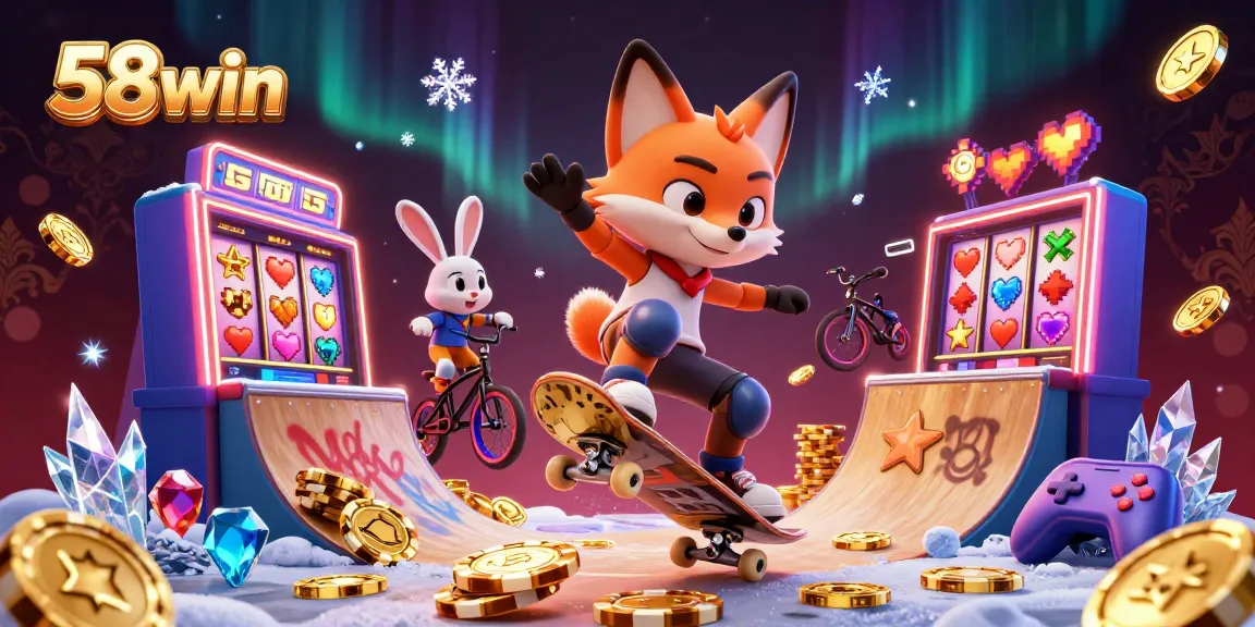 58win skateboarder fox performing tricks above golden poker chips and colorful slot machines.