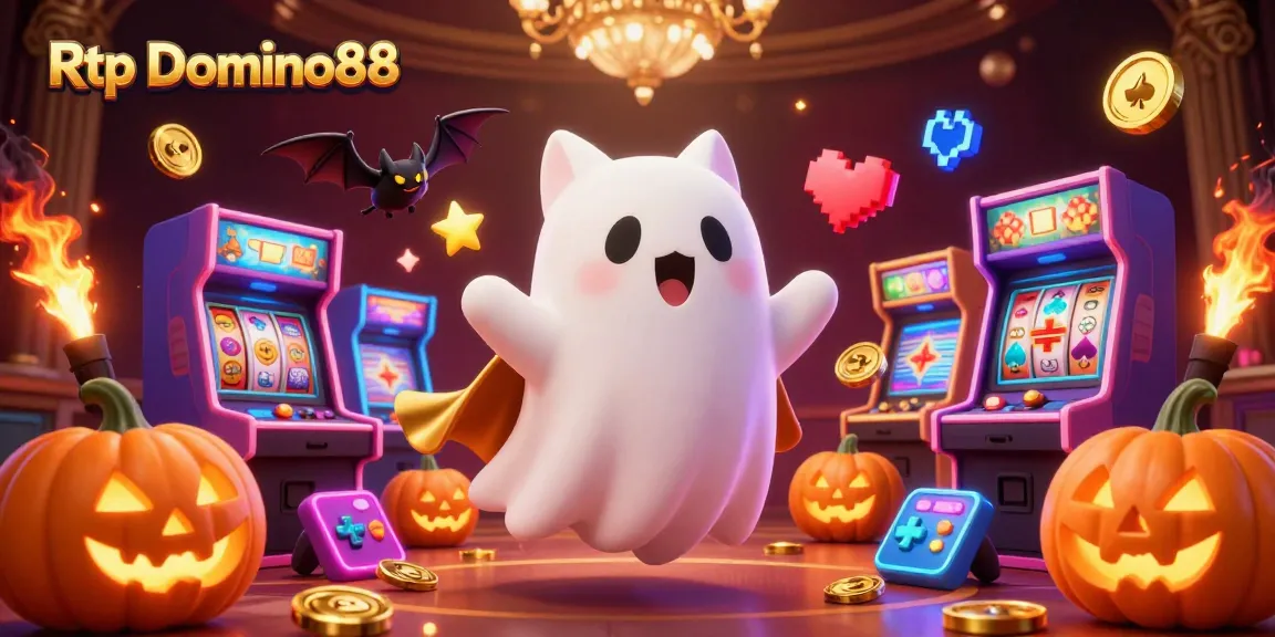 Engage with Rtp Domino88 through a lively casino scene featuring a ghost cat, a bat, and glowing gaming elements.