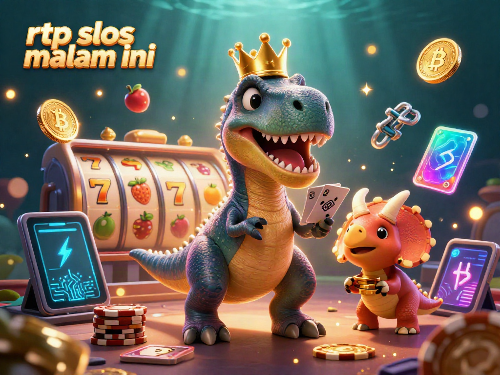 Engage with rtp slots malam ini through a vibrant scene featuring animated dinosaur characters enjoying casino games.