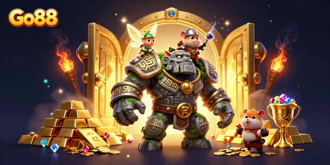 Experience the thrilling Go88 adventure with vibrant treasures and dynamic characters in this enchanting casino scene.