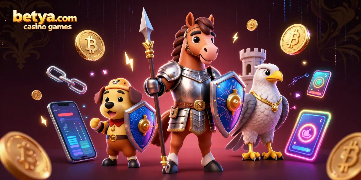 Engage with betya.com casino games featuring a knight, puppy, and falcon in a vibrant 3D illustration.