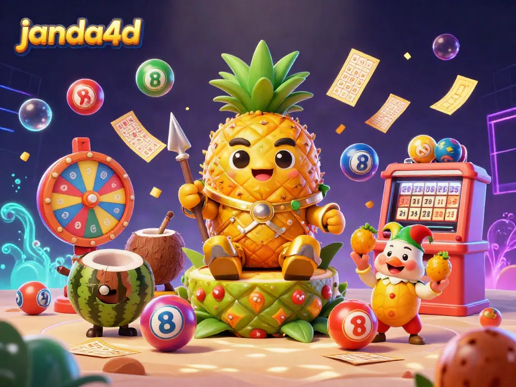 Visualisasi luar biasa dari janda4d dengan raja nanas emas dan elemen dekoratif judi.