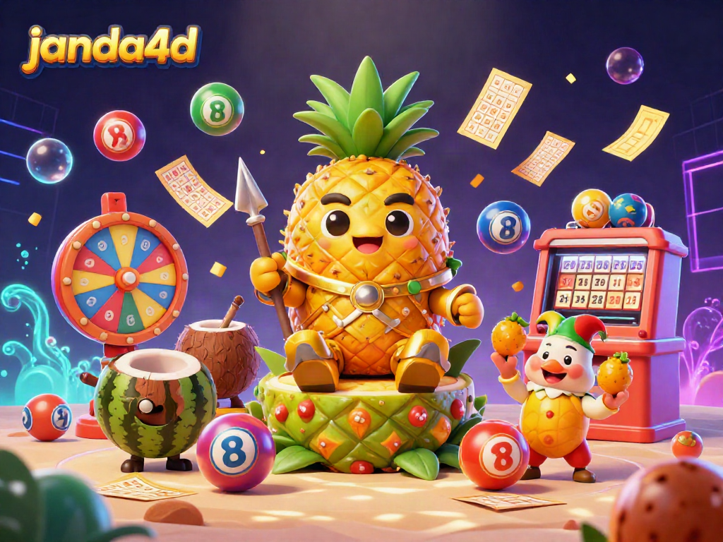 Visualisasi luar biasa dari janda4d dengan raja nanas emas dan elemen dekoratif judi.