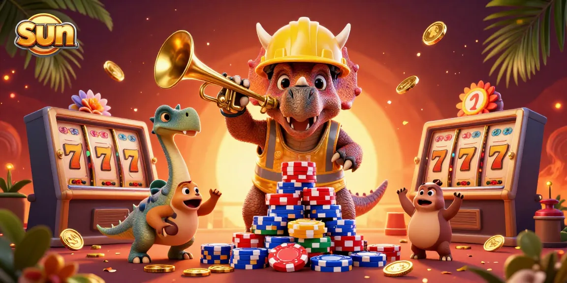 Celebrate at sun casino with a triceratops building poker chip pyramids and joyful dinosaur companions.
