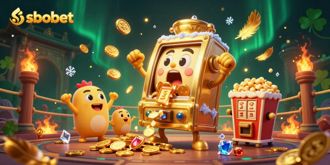 Sbobet sports betting scene with a joyful slot machine and cheering friends celebrating big wins.