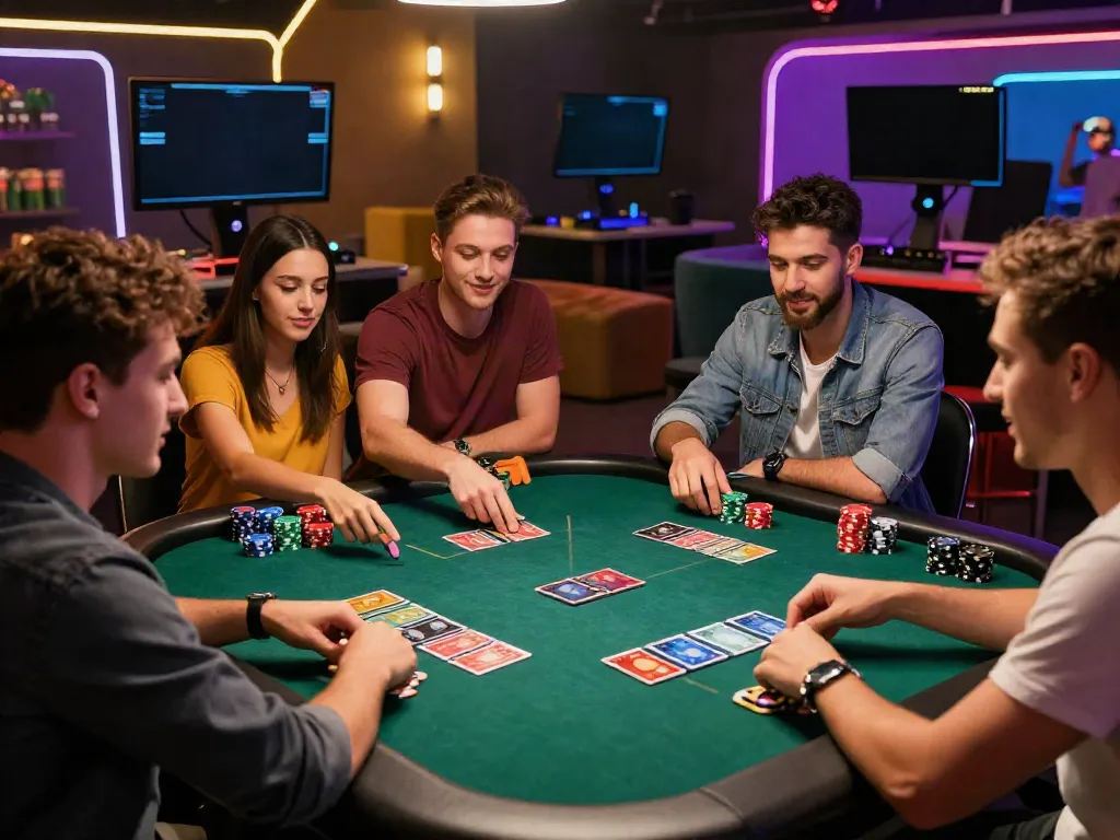 Friends enjoying a night at credit card casinos with vibrant table games and exciting atmosphere.
