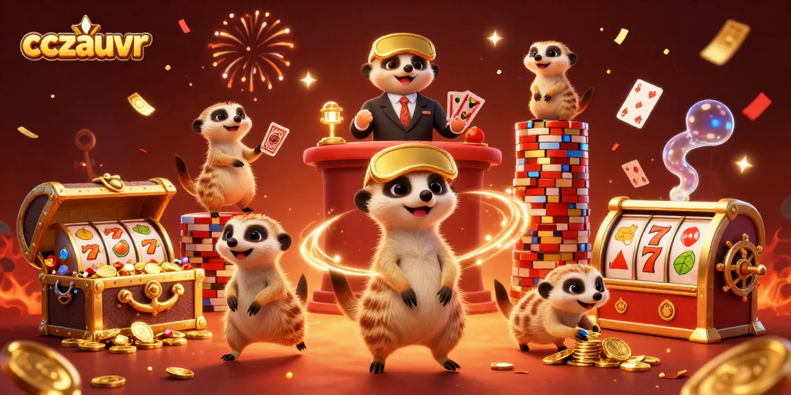 Manage your winnings with cczauvr's colorful casino meerkats among floating slot reels and treasures.
