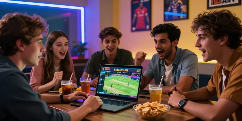 Friends enjoying the Lotus365 betting experience while watching cricket live.