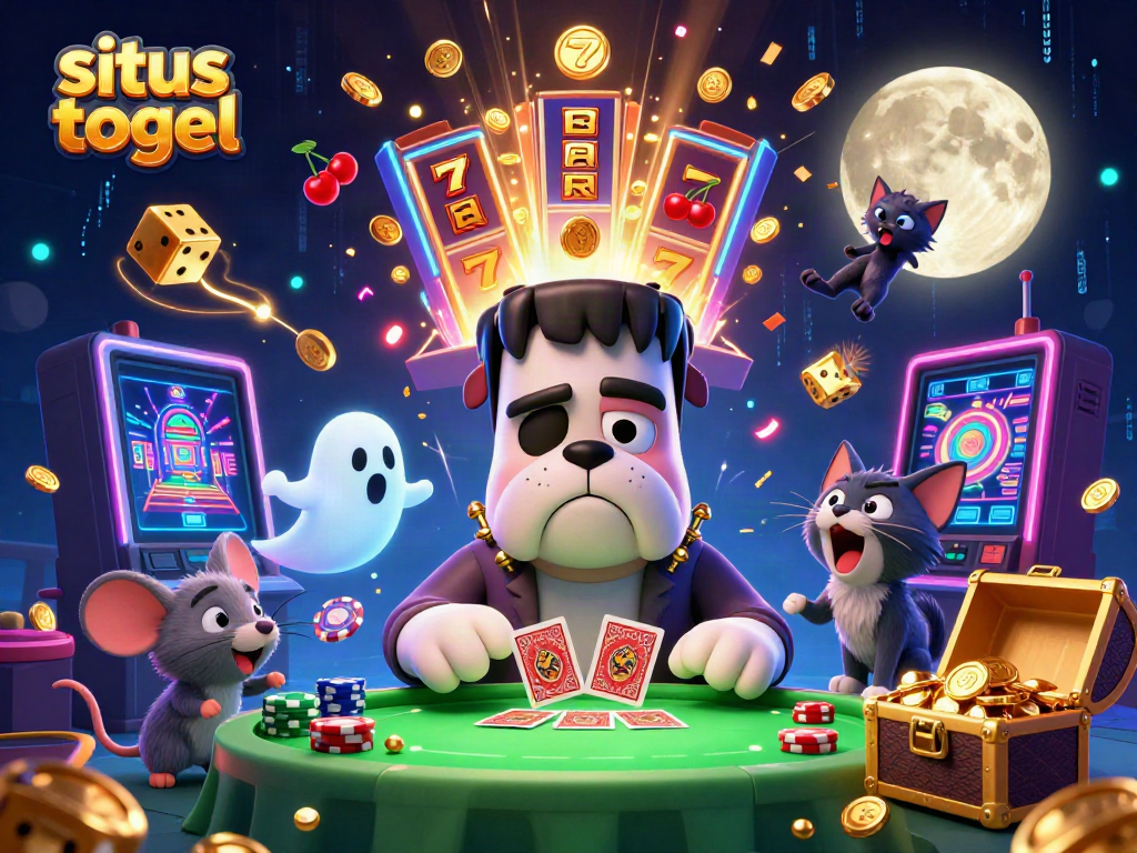 Experience the thrill of situs togel as a bulldog monster deals cards amidst a jackpot of casino symbols.