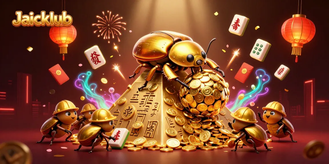 Engage in thrilling gaming excitement at Jaiclub with golden beetles and casino symbols.