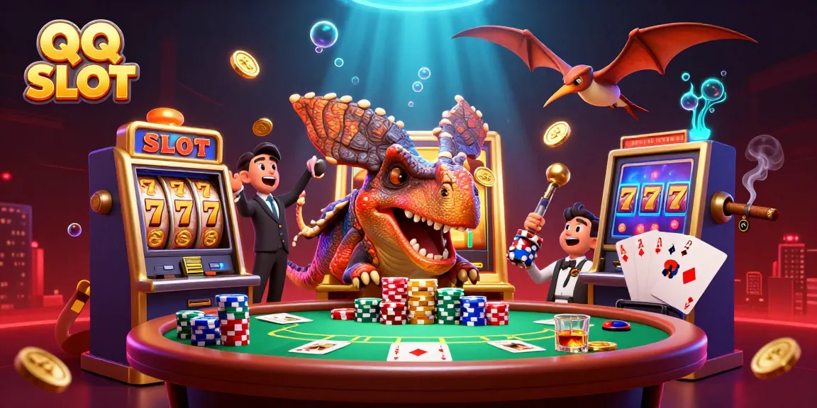 Engage in QQ SLOT action with a cartoon dinosaur hitting a jackpot on a golden slot machine, surrounded by casino elements.
