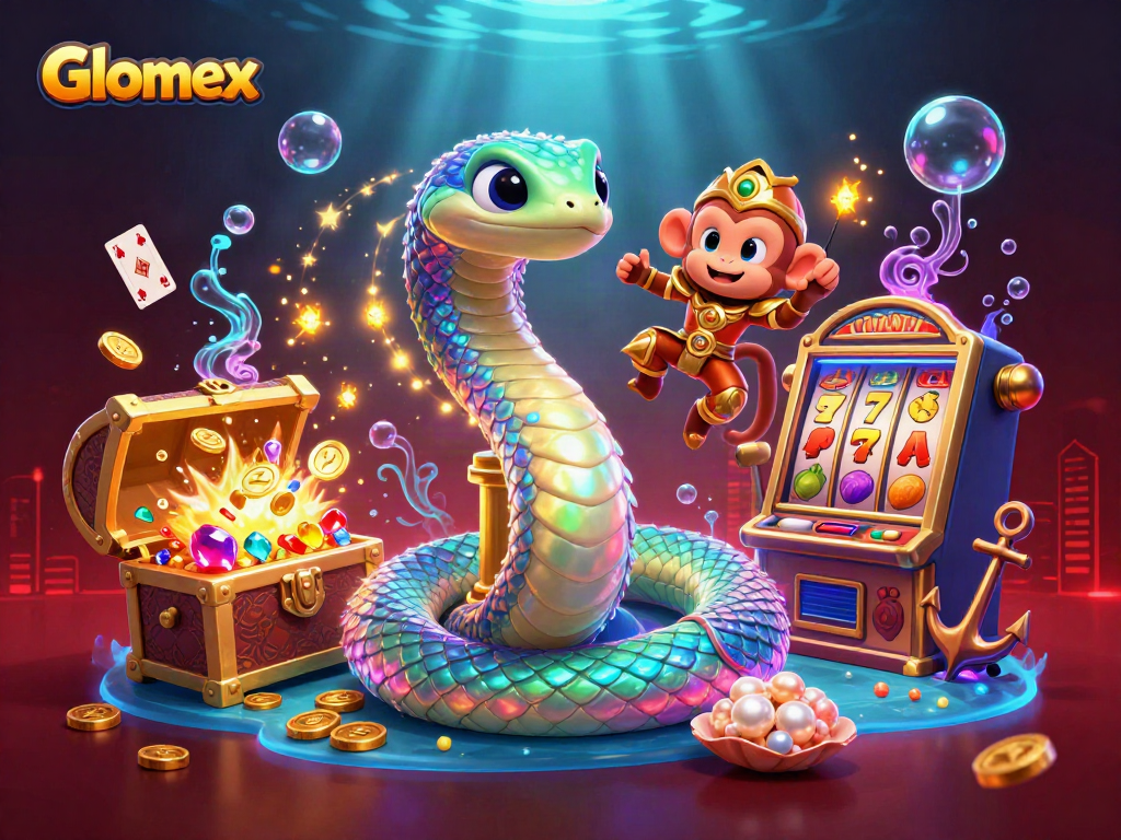 Spin the reels with Glomex in a vibrant underwater casino scene filled with treasure and excitement.