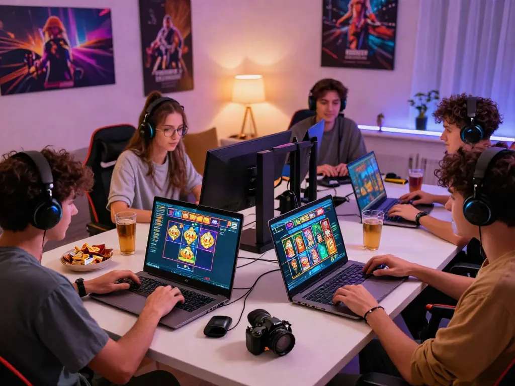 Group of friends enjoying ทดลองสล็อต online, colorful gaming screens and cozy home setting.