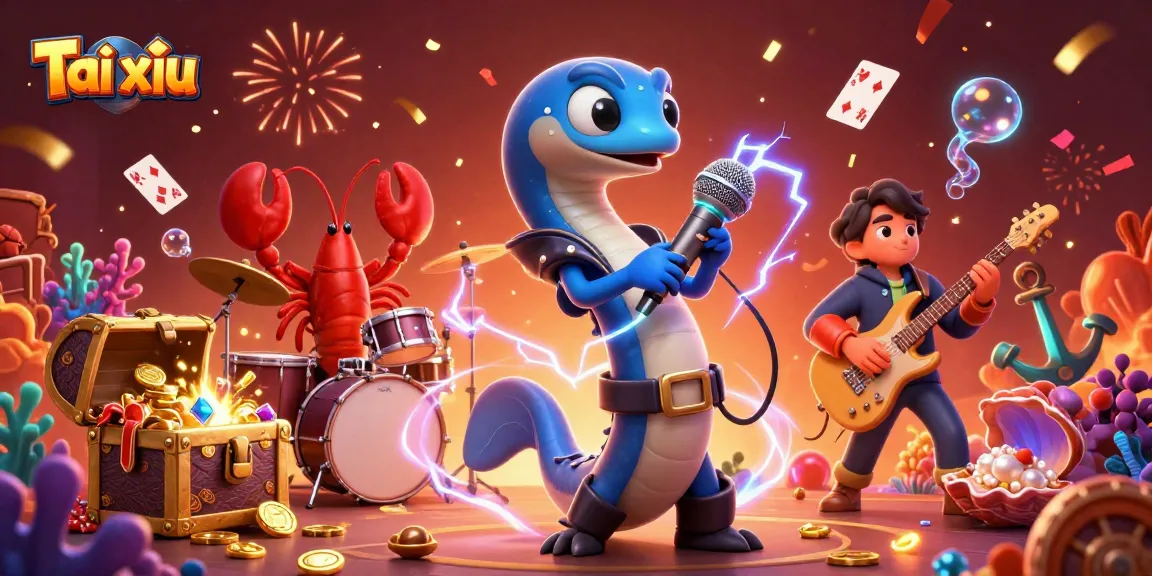 Tài xỉu game action displayed with a 3D electric eel DJ, vibrant underwater casino scene filled with treasures