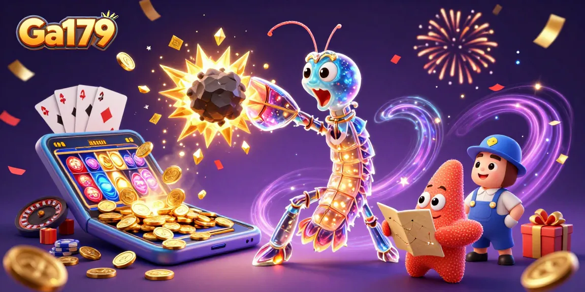 Engage with Ga179 as the galactic samurai mantis shrimp battles asteroids for gold in an animated casino scene.
