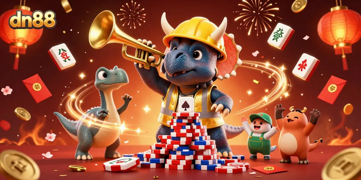 Experience dn88's vibrant casino atmosphere with 3D cartoon characters celebrating their poker wins.