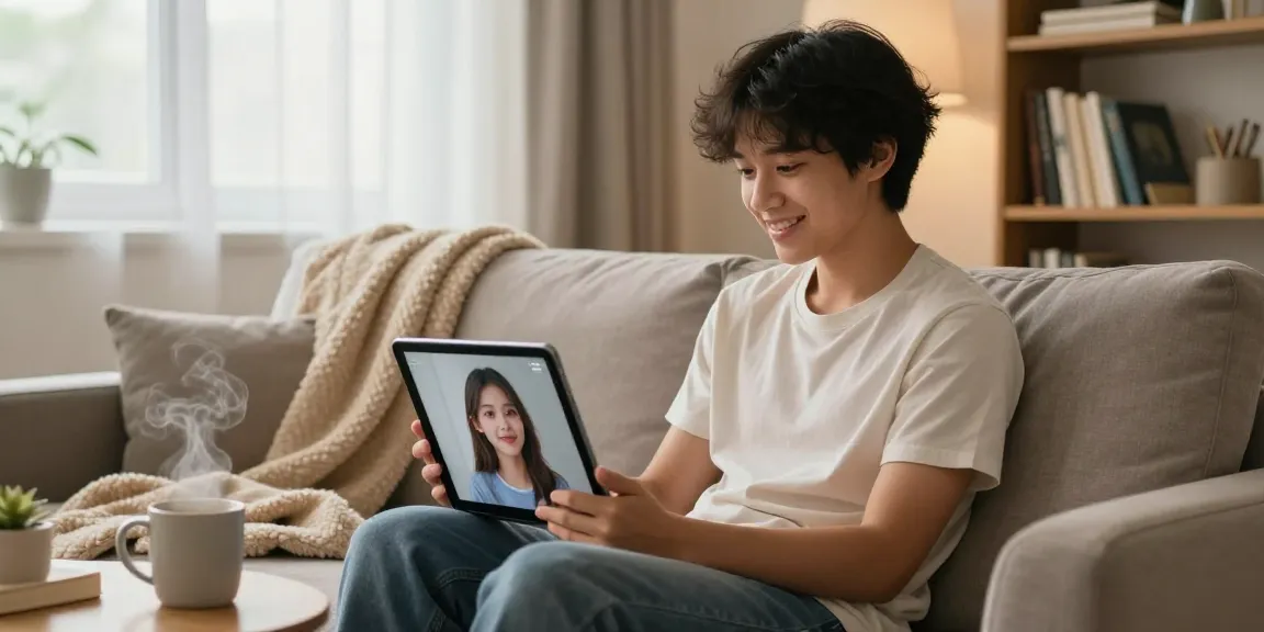 Engaging user with lifelike ai gf avatar on tablet in cozy setting.