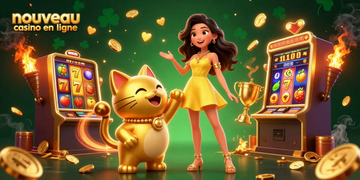 Scène colorée de nouveau casino en ligne mettant en scène une femme joyeuse et un chat chanceux doré parmi des éléments de machine à sous vibrants.
