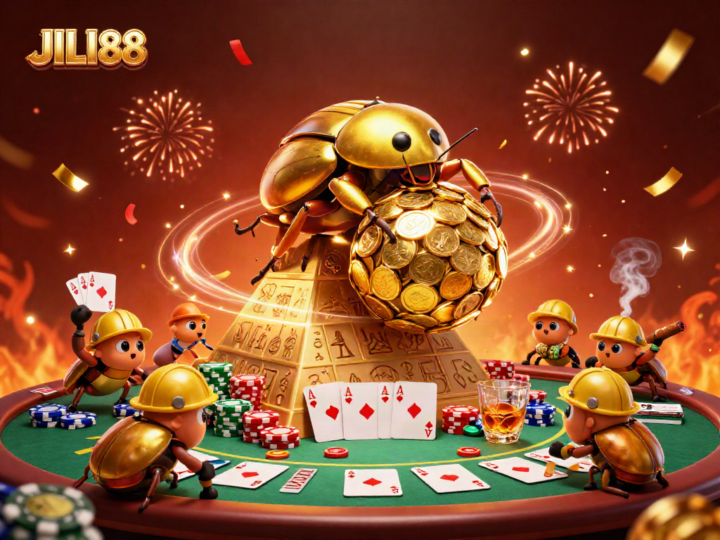 Engage with JILI88 in a vibrant casino scene featuring gold coins, poker chips, and beetles