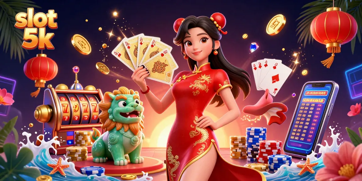 Experience slot 5k thrills with a 3D illustration featuring vibrant casino elements and engaging characters.