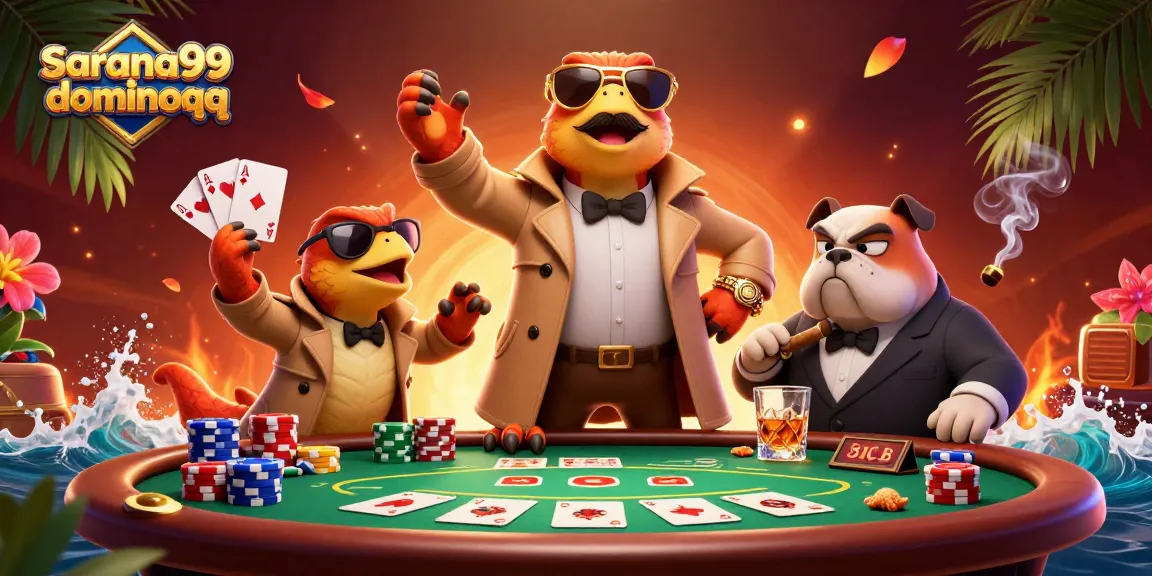 Experience sarana99 dominoqq with cartoon raptors navigating a casino, showcasing poker excitement.