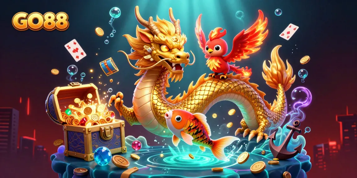 Engage with GO88 as a fierce dragon and phoenix soar amidst thrilling casino elements.