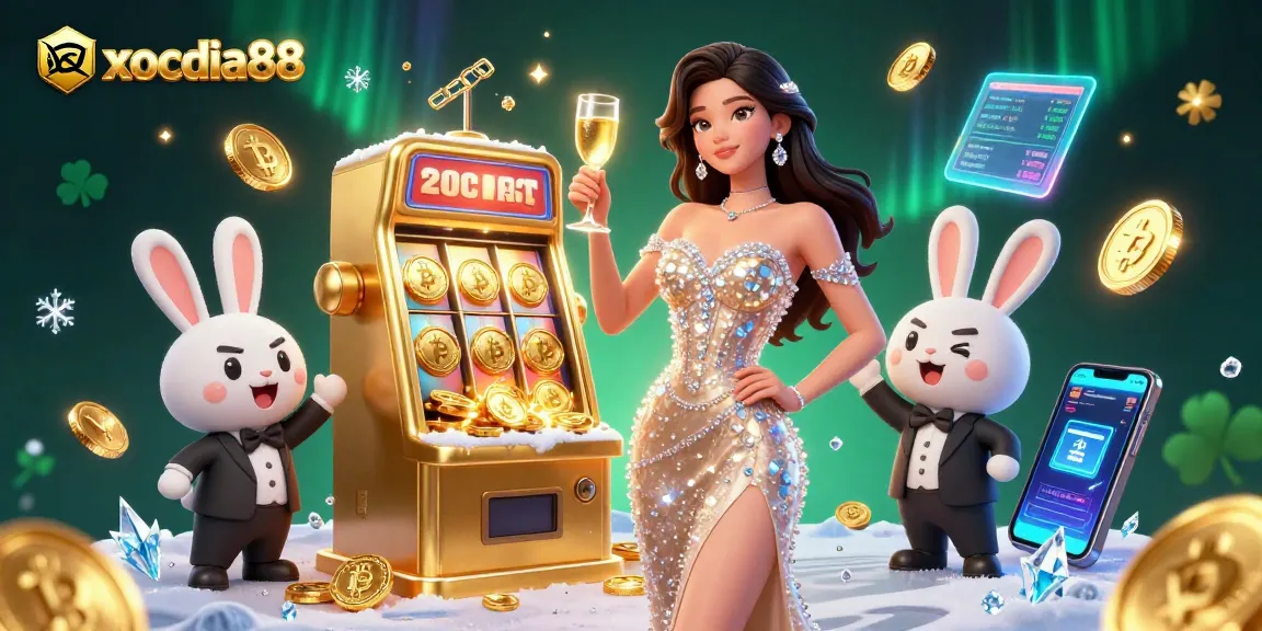 Xocdia88 offers thrilling gaming experiences with a stunning woman celebrating near a golden jackpot.