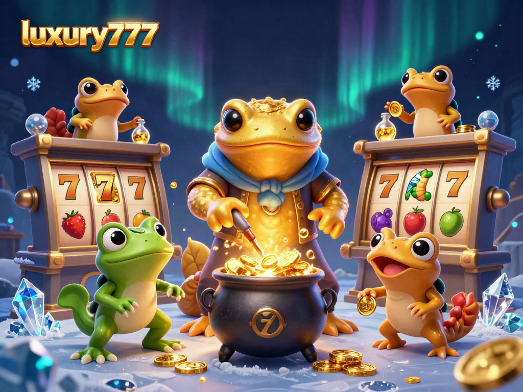 luxury777 menarik perhatian pemain dengan simbol slot dan koin emas mengelilingi pemandangan magis