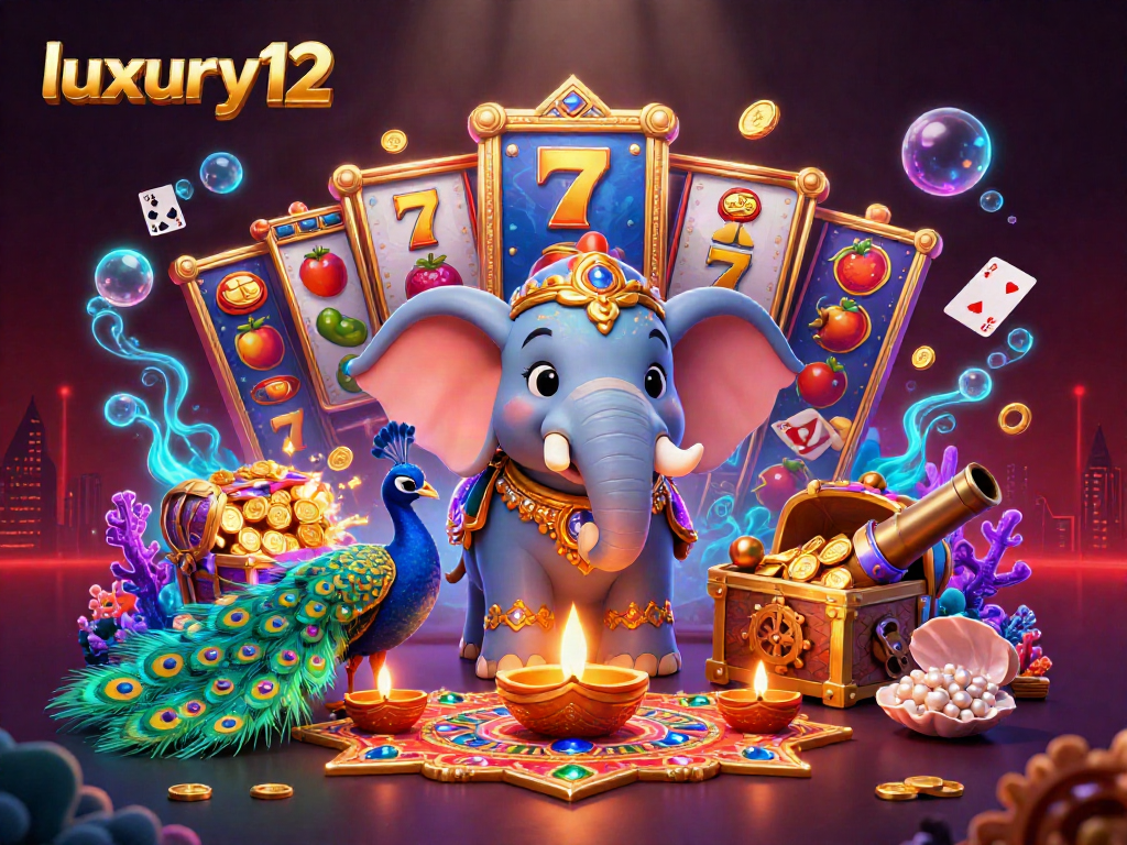 Play casino games like luxury12 with a dazzling elephant and peacock in a festive setting.