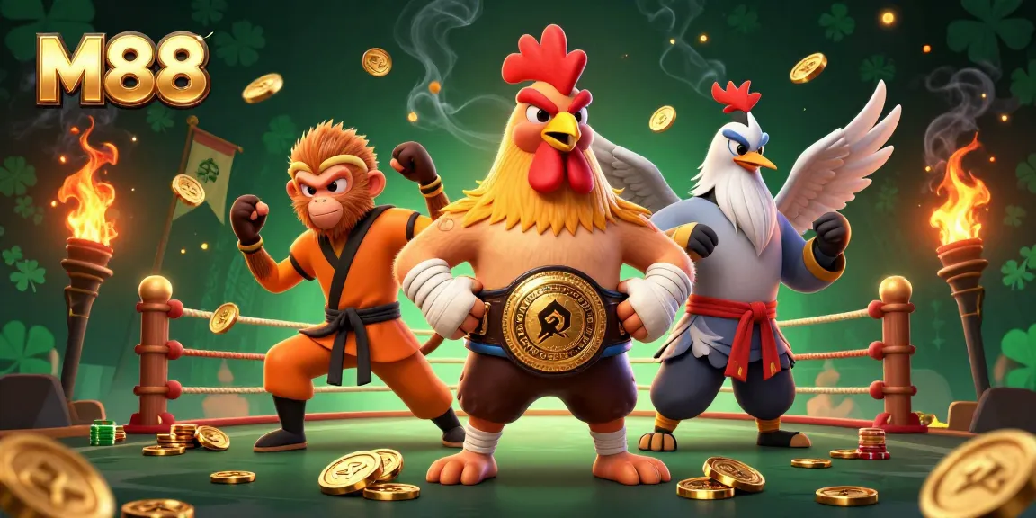 Slot M88 menampilkan ayam jago Muay Thai melawan monyet Shaolin dalam arena berapi.
