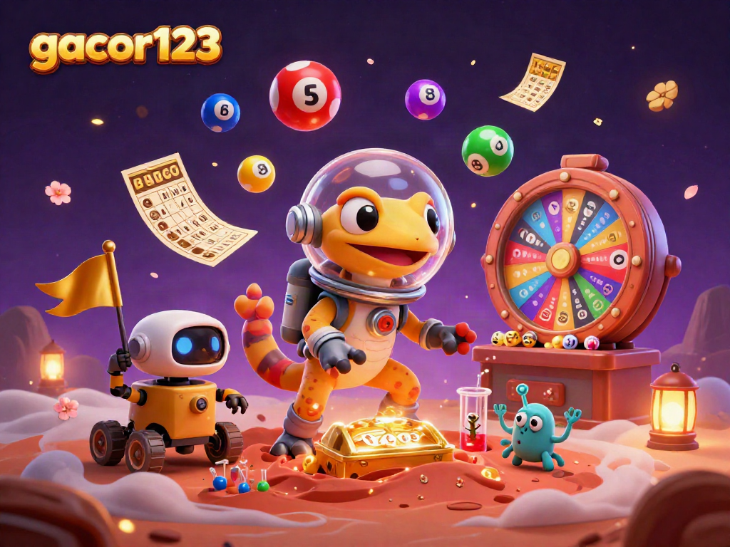Experience enhanced winning with gacor123 in a vibrant 3D Martian casino scene featuring dynamic gambling elements.