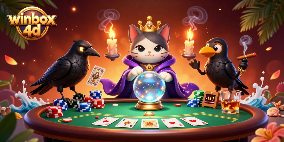 Winbox 4D enchanted gaming scene with a fortune teller cat, poker elements, and mystical effects.