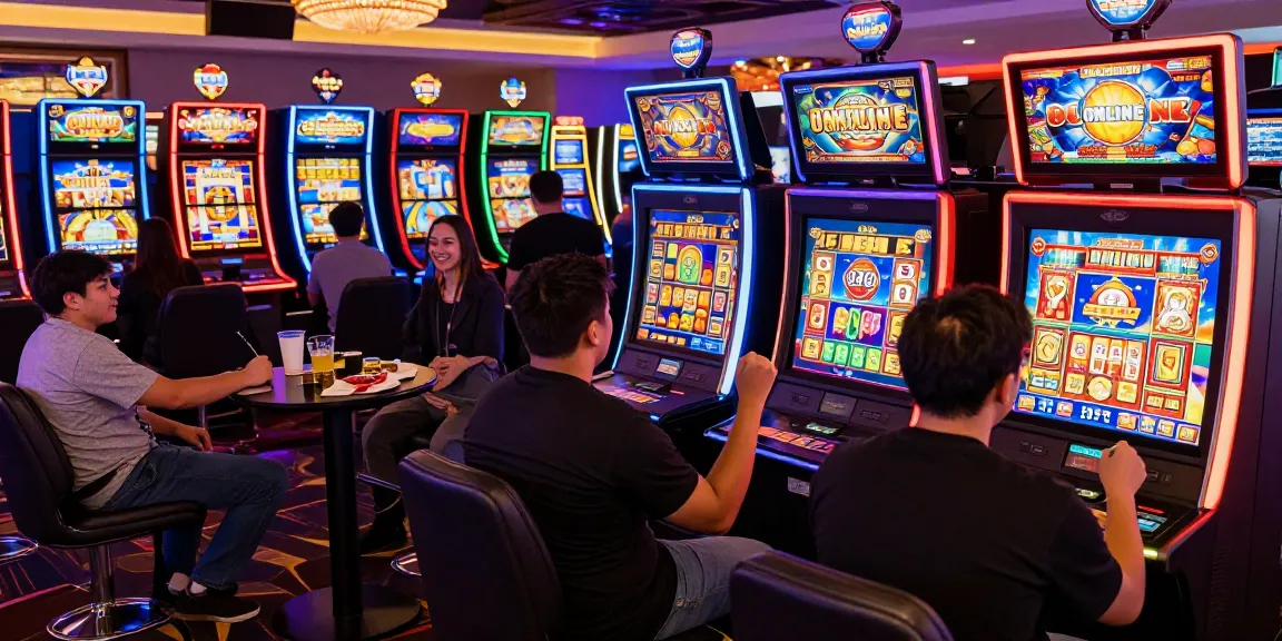 Players enjoying immersive SLOT ONLINE games in a vibrant casino atmosphere, celebrating wins with excitement.