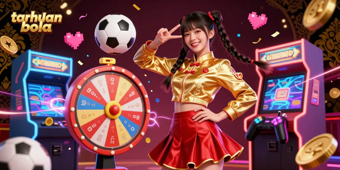 Engage in taruhan bola with vibrant 3D illustration of soccer-themed fun, showcasing a joyful Asian woman amidst dynamic gaming elements.