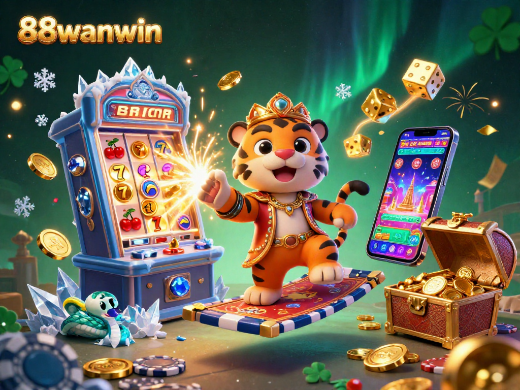 Experience exciting gaming with 88wanwin's vibrant 3D casino illustration showcasing thrilling jackpots and golden treasures.