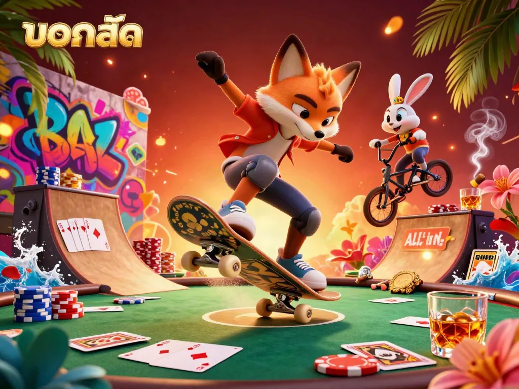Experience the excitement ofบอลสด with a captivating illustration of a fox and rabbit in a vibrant casino scene.