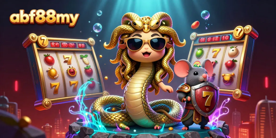 Spin jackpots with afb88my's friendly Medusa and warrior mouse at a vibrant casino scene.