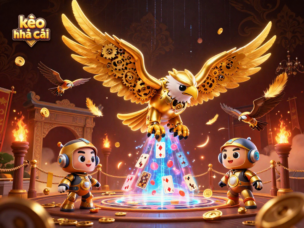 Experience kèo nhà cái with a dynamic scene of a cybernetic eagle amidst holographic cards and gold tokens.