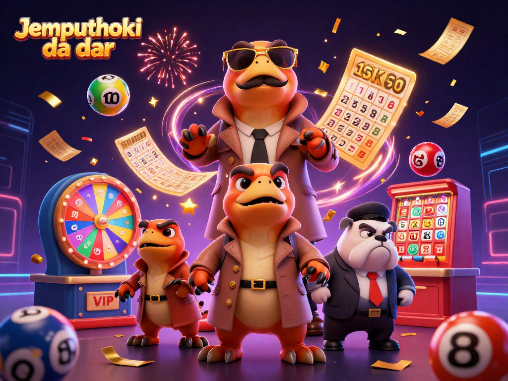 Engaging scene showcasing Jemputhoki daftar with raptors in trench coat entering casino, vibrant lottery elements.