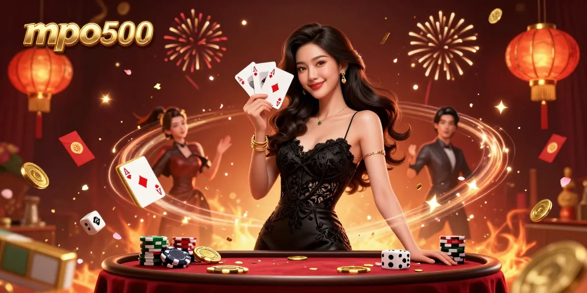 Experience mpo500's luxury casino vibes with a glamorous woman holding playing cards in a vibrant 3D illustration.