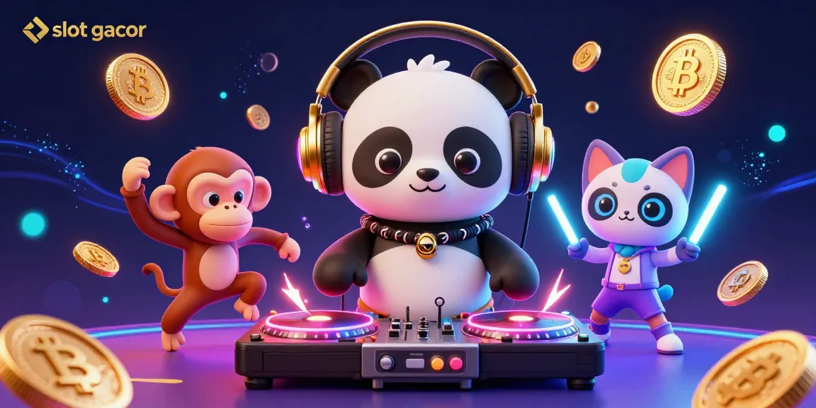 Experience the thrill of slot gacor with a DJ panda and vibrant characters spinning wins in this dynamic illustration.