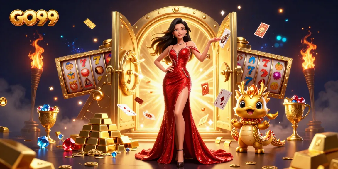 Spin the slots at GO99 with a stunning Asian heroine, golden dragon, and magical riches in this vibrant casino illustration.