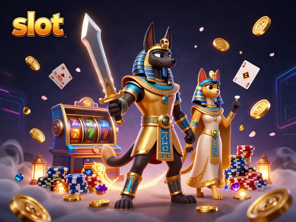 Slot demo gacor dengan Anubis dan Bastet menggenggam koin emas dan kartu dalam suasana kasino