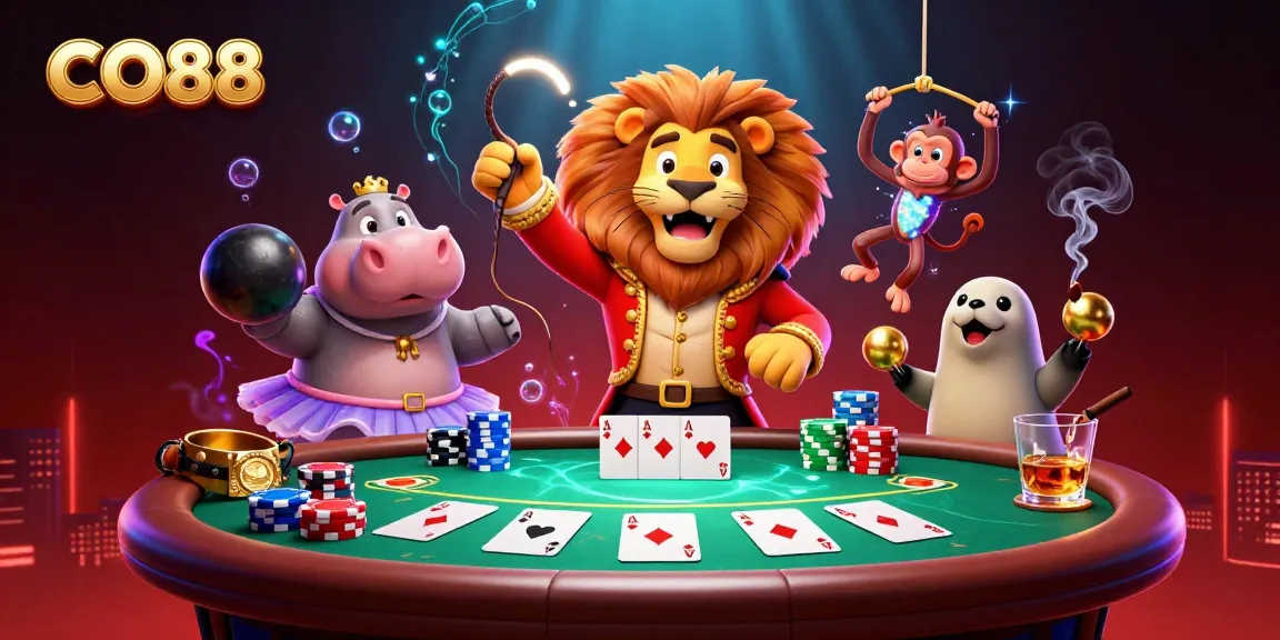Engage in thrilling poker actions with CO88's vibrant carnival characters at the casino.